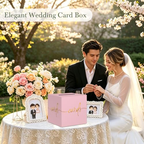 Image of Light Pink Card Box with Gold Foil Design, Paperboard 8.7 inch Gift Card Holder for Wedding Graduation Birthday Party Reception Retirement Anniversary Bridal & Baby Shower