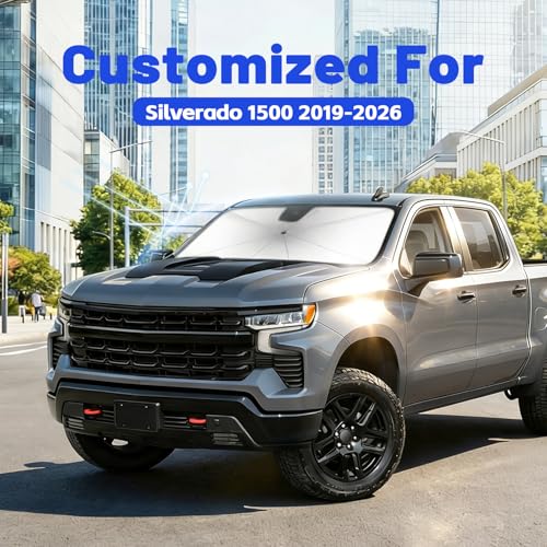 Image of Car Windshield Sun Shade for Chevrolet Silverado 1500 2019-2026 -[Reflective Coated Fabric] Sunshade Umbrella for Front Window, Car Shades Sun Visor Keep Car Cool and Protects Interior, 1:1 Exact Fit