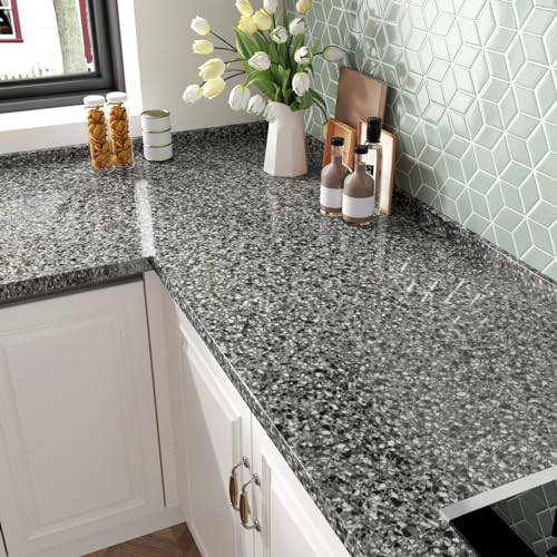 HotDecor papel pintado de mármol negro para cubrir encimeras de cocina, vinilo autoadhesivo de granito brillante, papel para armarios de cocina y baño