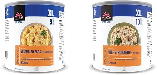Mountain House Huevos revueltos con tocino | Supervivencia liofilizada y alimentos de emergencia | Lata #10 | Stroganoff sin gluten y carne de res