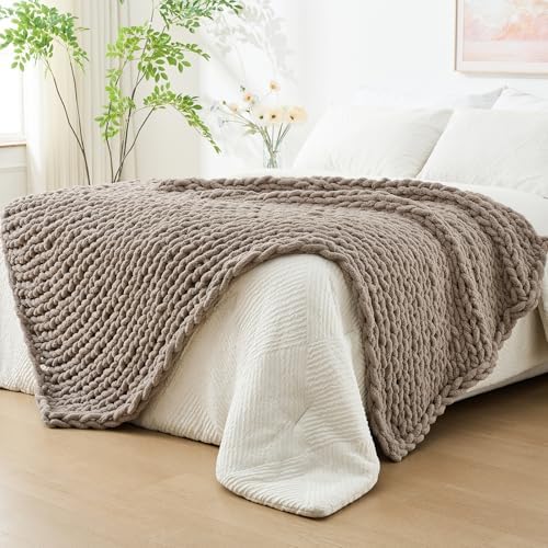 Bigacogo Chunky Knit Throw Blanket for Couch, 40x80 inches, Taupe