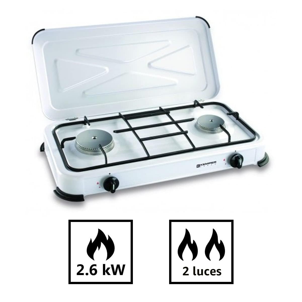 KEMPER – Placa de cocción de gas, 2 luces portátil, 2600 W, tapa extraíble, color blanco – Hornillo para camping, conexión de botella de gas Butano/propano simple y segura