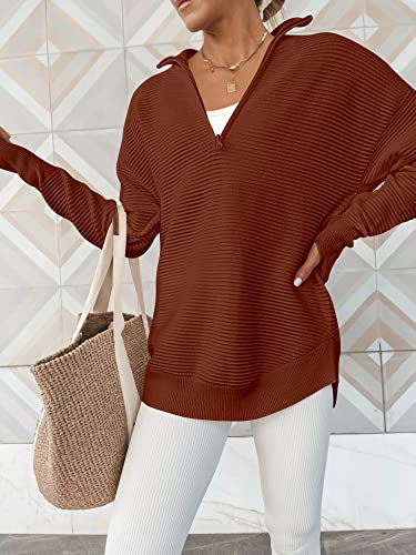 Anrabess Women'S 2024 Fall Long Sleeve Half Zip Casual Oversized Ribbed Knit Pullover Sweater Top Thumb Hole Trendy Outfits Rust Medium thumb #2