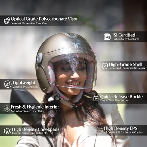 Image of TVARRA Lotus ISI & DOT(USA) Certified Women's Open Face Helmet Design Helmet, Lightweight Material, Crafted for Women, Extreme Comfort fit with Clear Visor