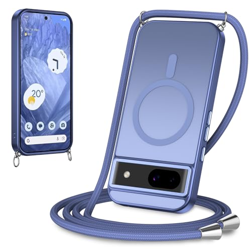 Yoedge Magnétique Coque pour Google Pixel 8a 5G avec Cordon, Compatible avec MagSafe, Étui Mat Translucide Rigide PC + TPU Bumper Antichoc Protection Housse avec Réglable Collier Laniere Case, Bleu