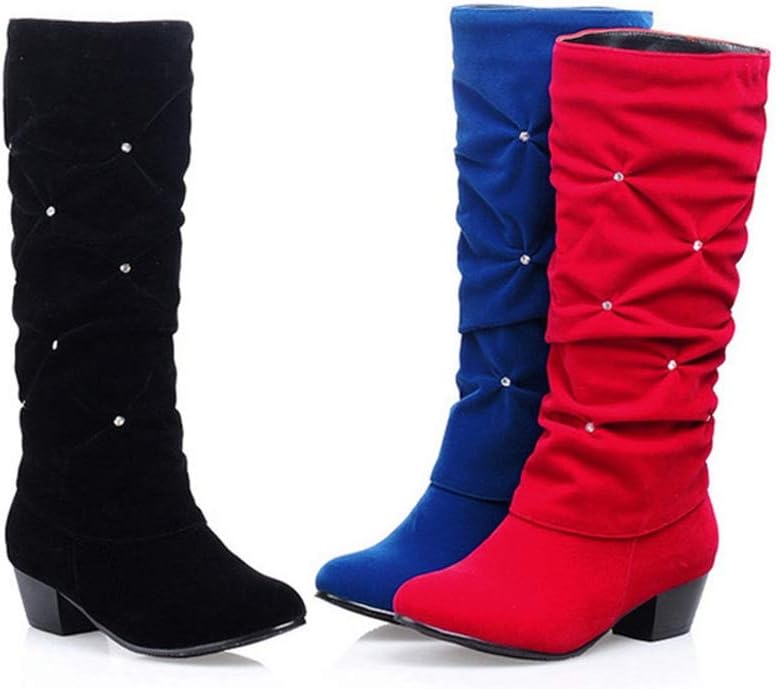 MIOKE Women's Fashion Slouch Mid Calf Riding Boots With Rhinestone Round Toe Suede Cozy Low Heel Dress Boots - Image 8