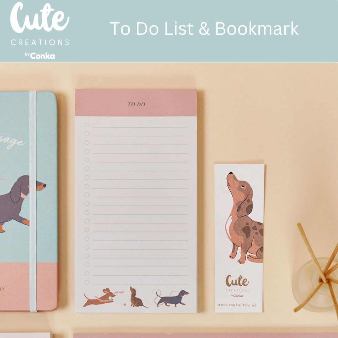 Cute Creations Dog Lovers Schreibwaren Geschenkset, 7-teilige Kollektion, A4/A5, inklusive Notizbuch, Planer, Notizblock, Stift, Haftnotizen (Dackel-Geschenkset)