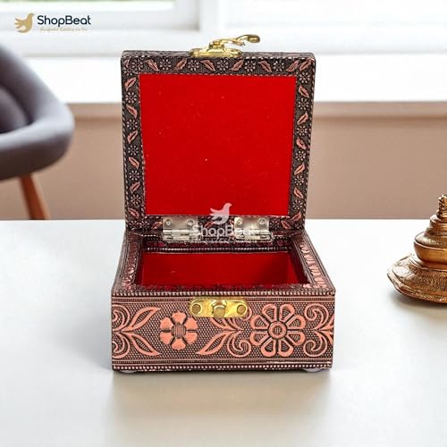 Image of Wooden Jewellery Box for Women - Marigold Gold | Handcrafted Pichwai Design with Lock | 4x4 Inch Organizer for Earrings Rings | Return Gift for Wedding Diwali Pooja