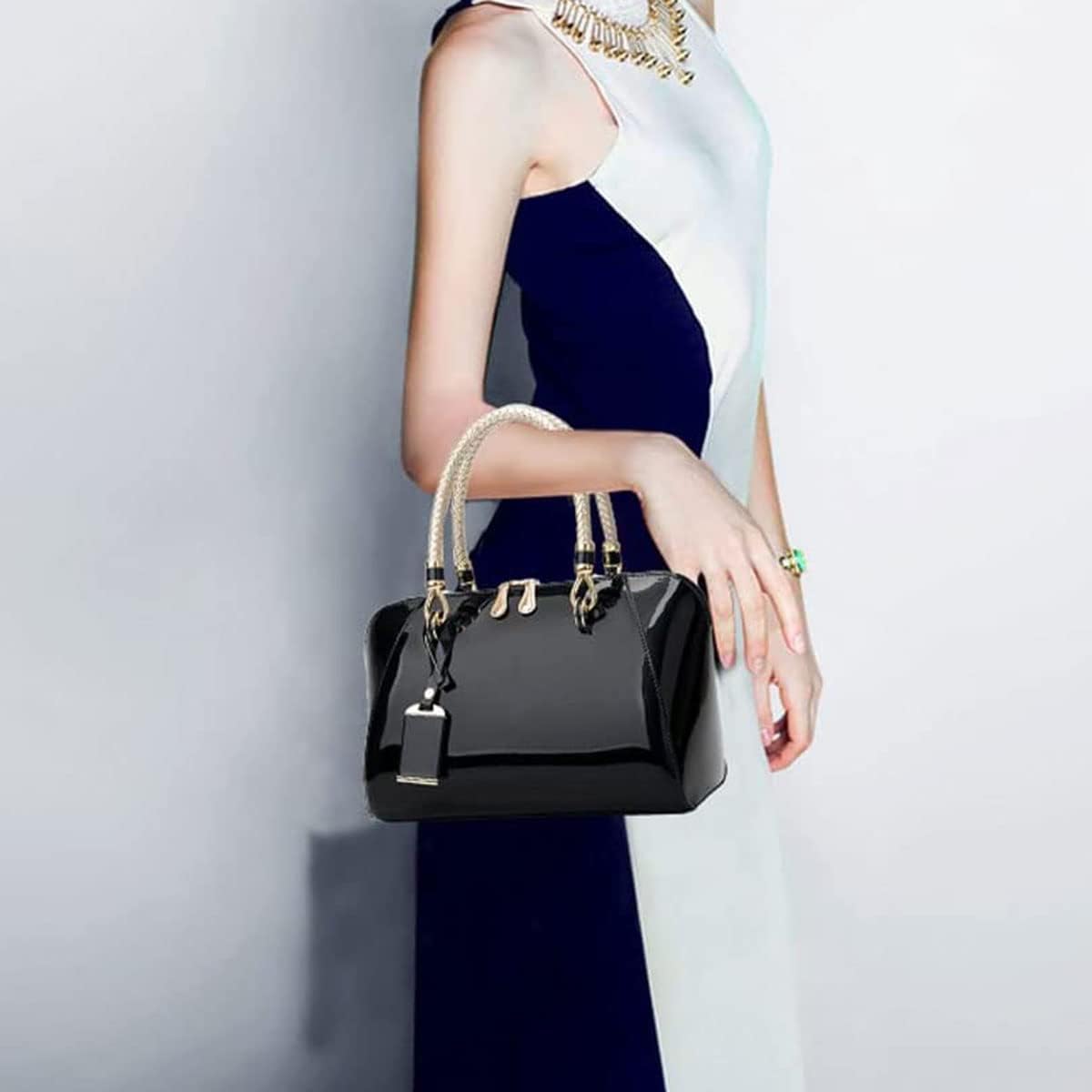 XingChen Shiny Patent Women Faux Leather Handbags Crossbody Bag Top Handle Purse Satchel Bag Shoulder Bag - Image 3