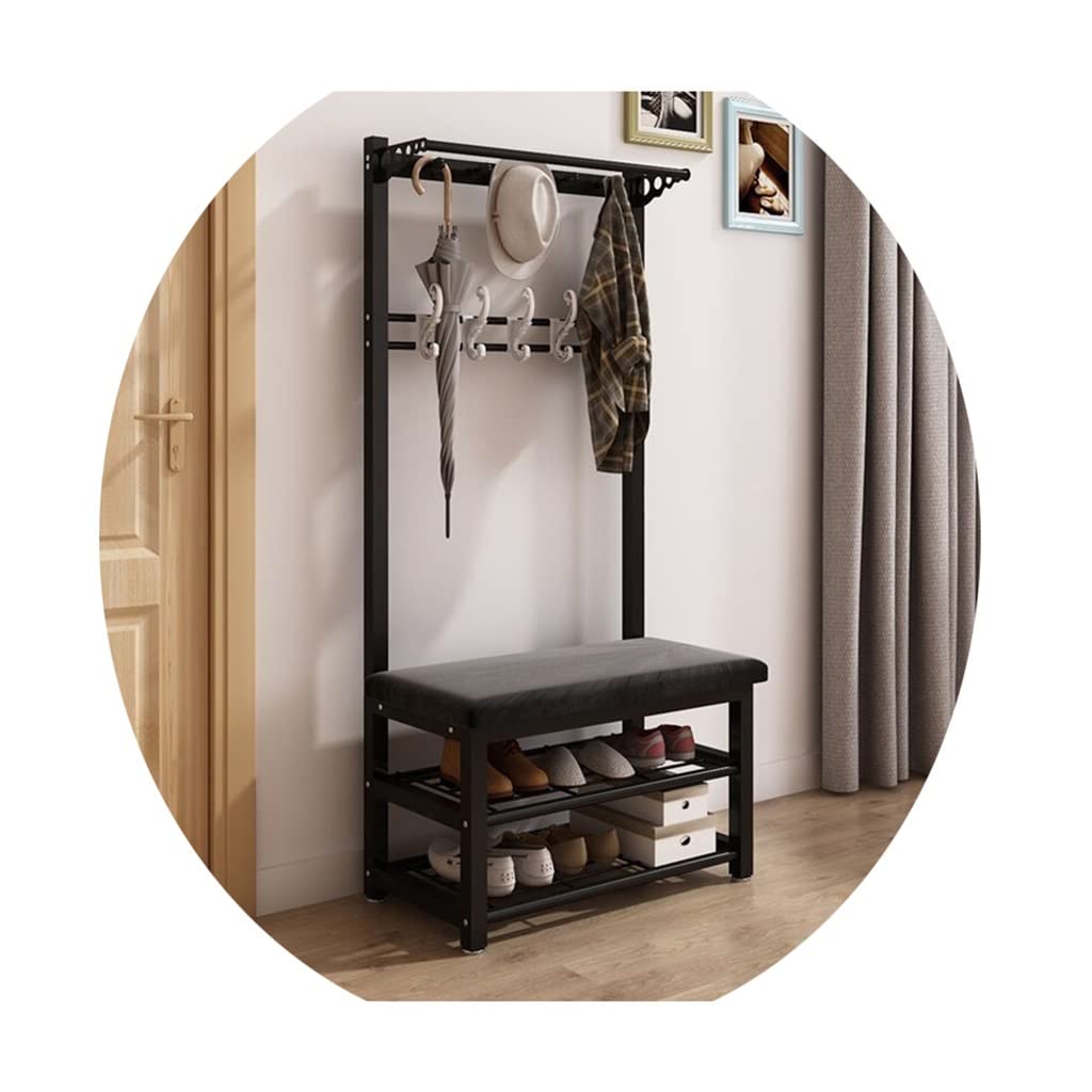 MSHGSKU Industrial Metal Coat Rack Stand with Hooks Shoe Storage Bench Entryway Clothes Hanger for Coats Hats Bags - Black Grey 80x33x172cm