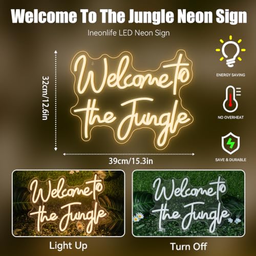Image of ineonlife Welcome to the Jungle Neon Sign Green Letter LED Neon Lights for Bedroom Wall Love Oh Baby for Room Decor Bar Party Wedding Engagement Wall Hanging Decor USB Powered (White)