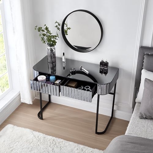Image of Modern Vanity Table, 39 inch Mirrored Makeup Vanity Table with Stainless Steel Base, Mirrored Console Dressing Table with 2 Drawers, Versatile Desk for Bedroom and Office (Gray /109)