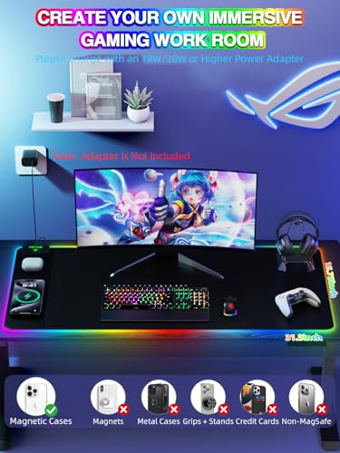 Image of Mouse Pad with 15W Magnetic Wireless Charging 31.5x15.75 Inch, RGB Mousepad for Desk Mat, XXL Desk Pad with 11 Colors & 5 Modes, Home Office Large Keyboard Pad Waterproof Non-Slip for Gaming PC Setup