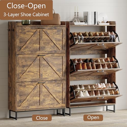 Image of Shoe Cabinet with 3 Flip Drawers, Freestanding Hidden Shoe Storage Organizer for Entryway, Narrow Slim Shoe Rack Cabinet with Open Storage & Hooks for Front Door Entrance, Living Room, Hallway, Brown