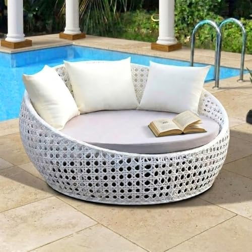 Image of DEVOKO Outdoor Pool Side, Garden, Balcony, Porch, Backyard, Terrace, Patio, Beach Round Sofa Wicker And Rattan Unique Design Daybed Furniture Set (White And Off White), 139 Centimeters, 122 CM, 76 CM