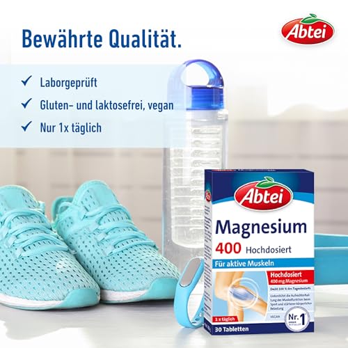 Abtei Magnesium 400 - hochdosiertes Magnesium für aktive Muskeln - bei Sport und körperlicher Belastung - Deckt 100% des Tagesbedarfs - Vegan, glutenfrei, laktosefrei - 1 x 30 Tabletten