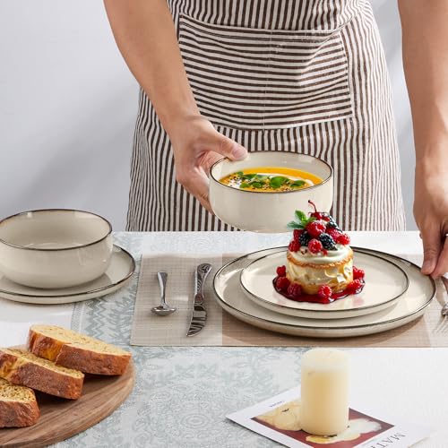 Joyfair Geschirrset 6 Personen, 18-tlg Steinzeug Tafelservice Set, Kratzfest Reaktive Glasur Geschirr Set mit Speiseteller, Dessertteller, Müslischalen, Mikrowellen- & Spülmaschinenfest, Riff Khaki