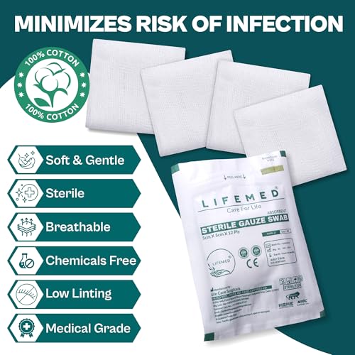 Image of LIFEMED Sterile Gauze Swab 5cm x 5cm 12-Ply Type-17 | Highly Absorbent Cotton Gauze Pads for Wound Dressing, First Aid, and Medical Use (Box of 10 Pouches - 40 Swabs)