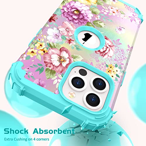 Image of Hocase for iPhone 13 Pro Max Case, Heavy Duty Shockproof Protection Soft Silicone Rubber Bumper+Hard Plastic Hybrid Protective Case for iPhone 13 Pro Max (6.7 inch) 2021 - Purple Florals /Teal