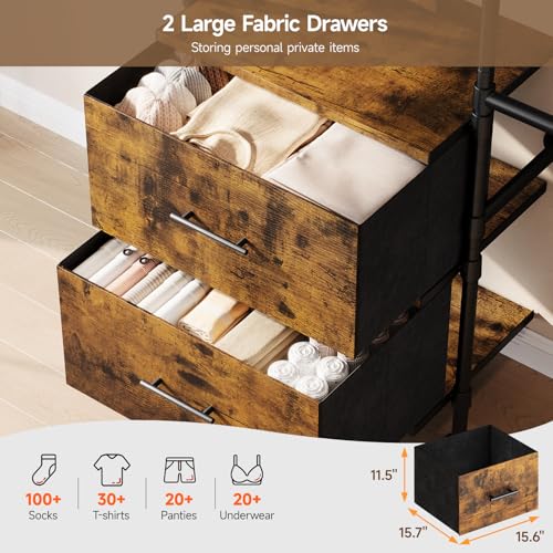 T3-Wall-Mounted-Industrial-Pipe-Closet-Organizers-Storage-System-Metal-Clothing-Rack-with-2-Drawers-6-Wooden-Shelves-4-Expandable-Rods-Heavy-Duty-Garment-Rack-Wardrobe-Rustic-Brown