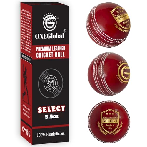 ONEGlobal Select Leather Cricket Ball for Match Practice & Training | Senior 5.5oz & Junior 4.75oz Genuine Leather Hard Cricket Balls in Red White Pink or Red&White (3-RED Senior)