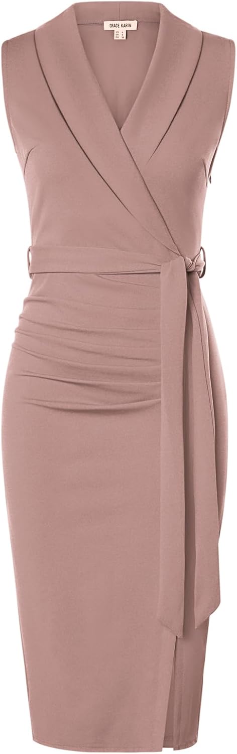 GRACE KARIN Women's Wear to Work Sleeveless Ruched Bodycon Office Pencil Midi Dresses with Belt