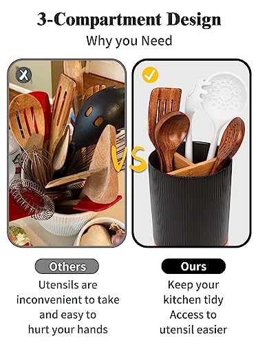Image of LoeJan 3 Compartment Utensil Holder, Extra Large Utensil Crock, Stable Ceramic Utensil Organizer, Cooking Tool Organizer Set for Kitchen Counter Farmhouse Decor (B-Black(Vertical Stripe))