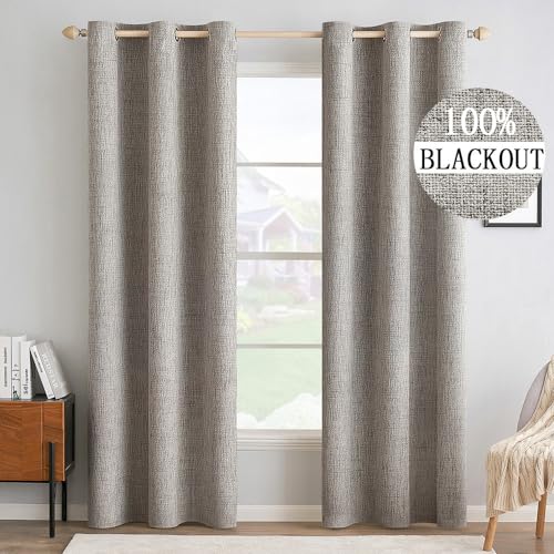 Image of MIULEE 100% Blackout Linen Textured Curtains for Bedroom Solid Thermal Insulated Warm Taupe Grommet Room Darkening Curtains & Drapes Luxury Decor for Living Room 42 x 84 Inch (2 Panels)