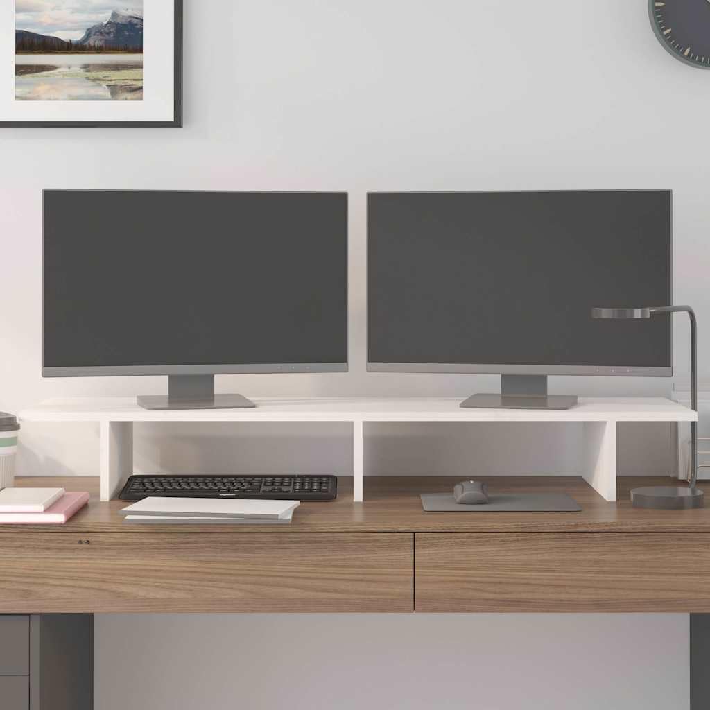 Supporto per monitor bianco in legno di pino massiccio, 100 x 27 x 15 cm, con spazio per la casa e l'ufficio, supporto da scrivania per sollevare il monitor, ripiano e gestione dei cavi