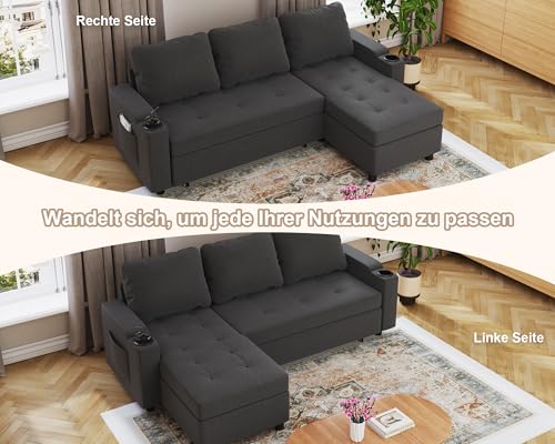 Devoko Ecksofa mit Schlaffunktion und Bettkasten L-Form Sofa 3-Sitzer Ausziehbares Schlafsofa Leinen Couch Kleines Schlafcouch für Wohnung und Wohnzimmer, Dunkelgrau