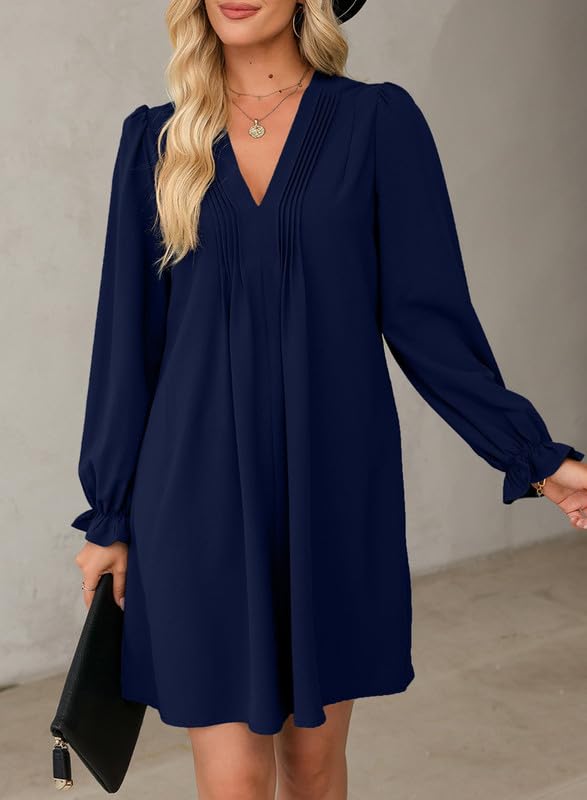 Image of Dokotoo Womens Casual Dress A-Line Ruffle Sleeve V Neck Midi Dress 2025 Fashion Pleated Flowy Sundress Loose Shirt Dresses