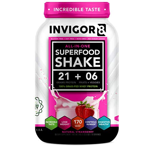 INVIGOR8 Superfood Protein Shake Gluten-Free and Non GMO Meal Replacement Shake with Probiotics and Omega 3 (645 Grams) (Natural Strawberry)