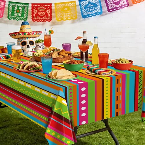Image of Kochorie 100 Ft x 54 Inch Mexican Fiesta Party Tablecloth Roll with Cutting Box Disposable Plastic Mexican Striped Table Cover Backdrop for Fiesta Taco Party Supplies
