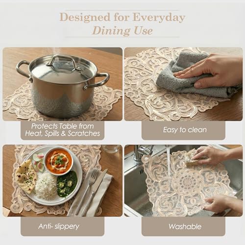 Image of Kuber Industries Leather Table Mats Set of 6 | Placemat /Dining Table Mat for Family Functions | Circle Flower Square Design - Cream & Golden
