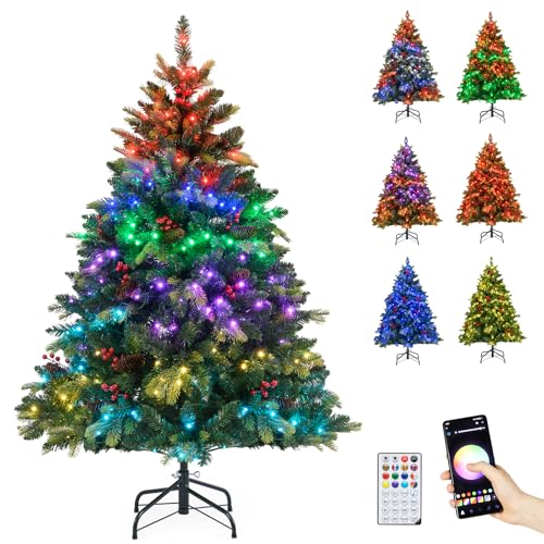 COSTWAY Künstlicher Weihnachtsbaum mit Beleuchtung und Fernbedienung, 150 cm Tannenbaum mit 250 APP-gesteuerte mehrfarbige RGB-Lichter, PE- & PVC-Zweigspitzen, Christbaum, Kunstbaum Weihnachten, Grün