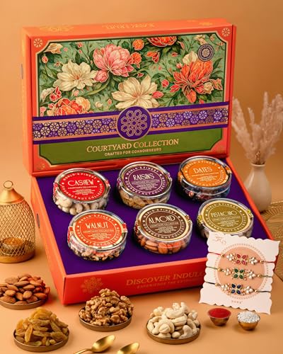 Image of Hyperfoods Rakhi for Brother with Gift Dry Fruits 745g RawFruit Courtyard Collection Pack of 6 Dry Fruits Gift Box Rakhi Set of 3 Gift Hampers DryFruits Gift Pack Dryfruit Box for Gift Dry Fruit Box