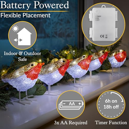 CHRISTOW Light Up Robin Acrylic Christmas Decorations, White LED, Battery Operated with Timer, Indoor Outdoor, Set of 5 (13.8cm x 11cm x 7cm) - Image 5
