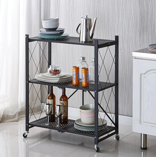 3段折りたたみ収納ラック 折りたたみラック キッチン収納ラック 金網ラック スチールラックキャスター付き ランドリーラック 大容量 耐荷重50kg 移動便利 360度回転ホイール 防錆加工 組立不要 多層シェルフ オープンプラン棚 ラックシェルフ キッチン