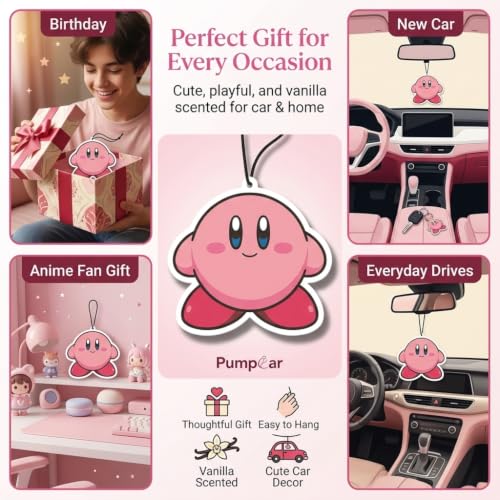 Image of PumpCar 2 pieces Kirby Merch Pink Cute Kawaii double sided cartoon vanilla scented funny car air freshener Cool hanging rearview mirror Interior Decor Dangler Accessories Gifts for Girls Women