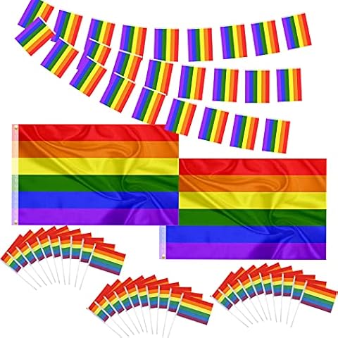 Rainbow Gay Pride Flag Decoration party Set, MicButty 3 x 5 FT Rainbow Flags with LGBTQ Pride Banner Rainbow String Bunting and Mini LGBT Hand Held Stick Pride Flags for Pride Month Parade decor Cover