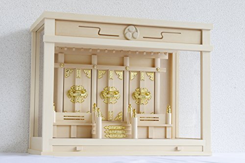 やまこう 神棚 箱宮 三社 単品 16号 ■ 飾り欄間 巴紋 ともえ / 三面ガラス 引出し付き ■ 匠造り 最高の檜葉材 ■ お社本体サイズ (cm) 高さ37 × 幅49 × 奥行32