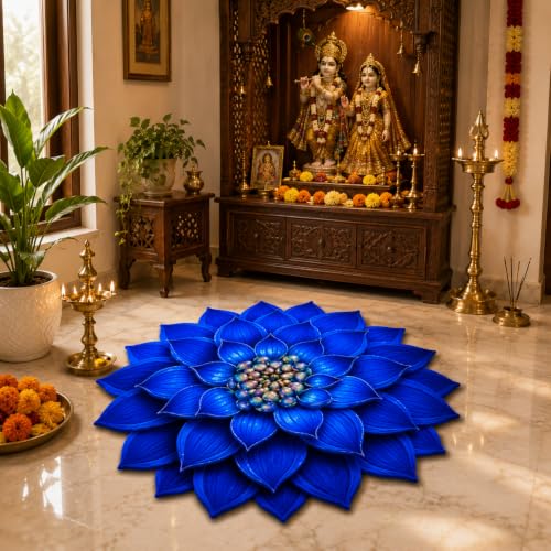 Image of 3D Lotus Floral Door Mat | Water Absorbent, Anti-Skid, Machine Washable Floor Mat | Soft Microfiber Carpet for Home, Living Room & Bedroom | Premium Decorative Mat (Blue, Lotus)