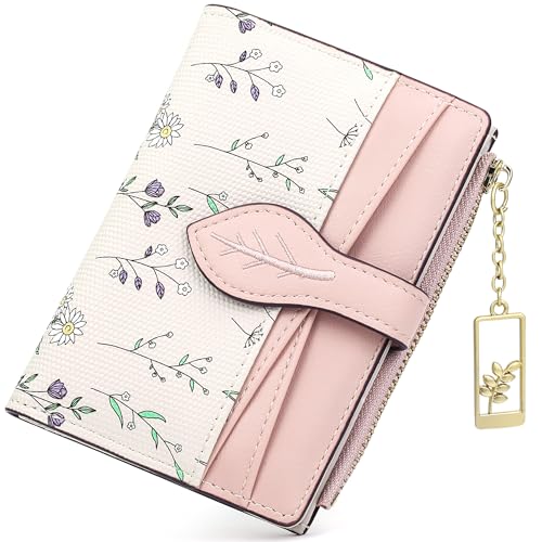 Image of Farcauo Cute Pink Minimalist Flower Wallet for Women Small Kawaii Coin Purse with ID Window Lightweight and Stylish Design Compact Cash Wallet for Ladies