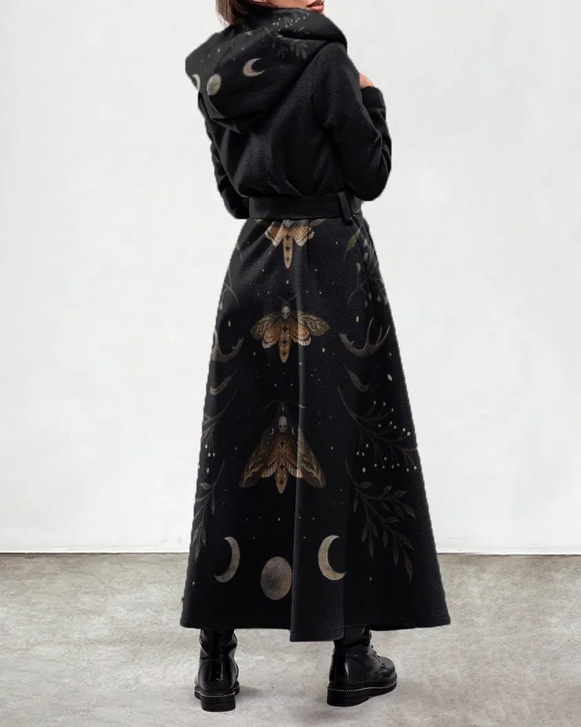Women Long Fleece Trench Coat Gothic Winter Open Front Belted Overcoat Casual Peacoat Fall Jacket with Hood
