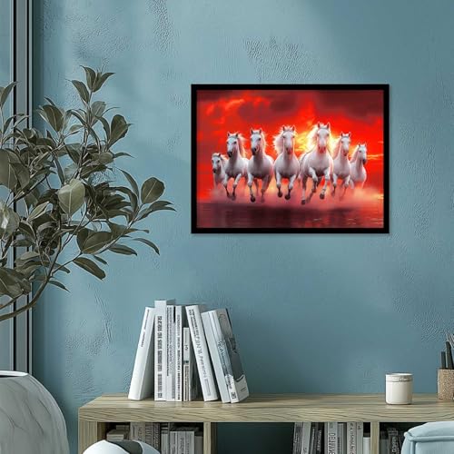 Image of HOTHOUSE 7 Horses Vastu Frame Wall Art Painting for Living Room Bedroom Office Home Decor | Seven Running Vastu Lucky Horse Rising Sun Painting Wall Decor Size (13X17 inch)