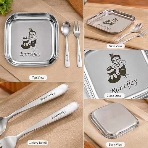 Image of SAVRI Personalized Stainless Steel Square Lunch & Dinner Plate with Spoon & Fork Name & Favourite Character Engraved. Kids, Birthday Party, Return Gift Snacks. Size - 7 * 7 Inches.