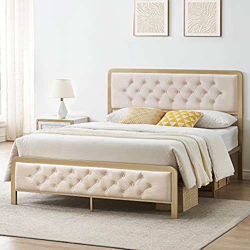 Alkmaar Golden Queen Size Bed Frame,Upholstered Bed Frame With Button Tufted Headboard,Heavy Duty Metal Easy Assembly,No Box Spring Needed (Beige, Queen) #TOP5