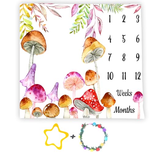 Image of Mushroom Theme Baby Monthly Milestone Blanket, Soft Flannel Watercolor Spring Tropical Eucalyptus Leaves Botanical Photography Prop Newborn Baby Shower Age Growth Tracker (Green, 48x48in)