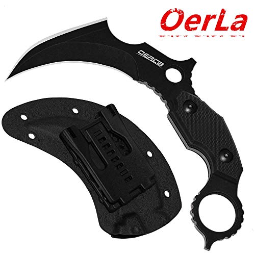 OERLA TAC OL-0019BE Battle Eagle Outdoor Duty Claw Knife Full Tang 420HC Stonewashed Stainless Steel Fixed Blade Double Edged Field Knife with G10 Handle Waist Clip EDC Kydex Sheath (Black)