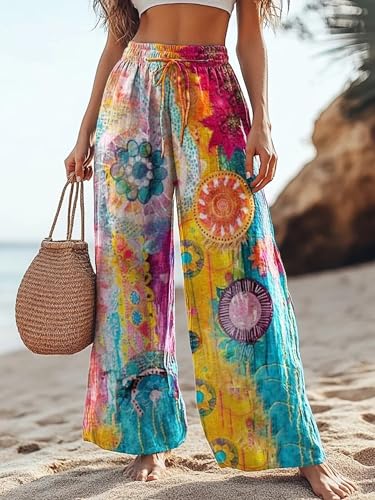 Boho Floral Wide Leg Pants for Women Cotton Linen Casual Loose Pants Summer Beach Flowers Print Flowy Long Pants2